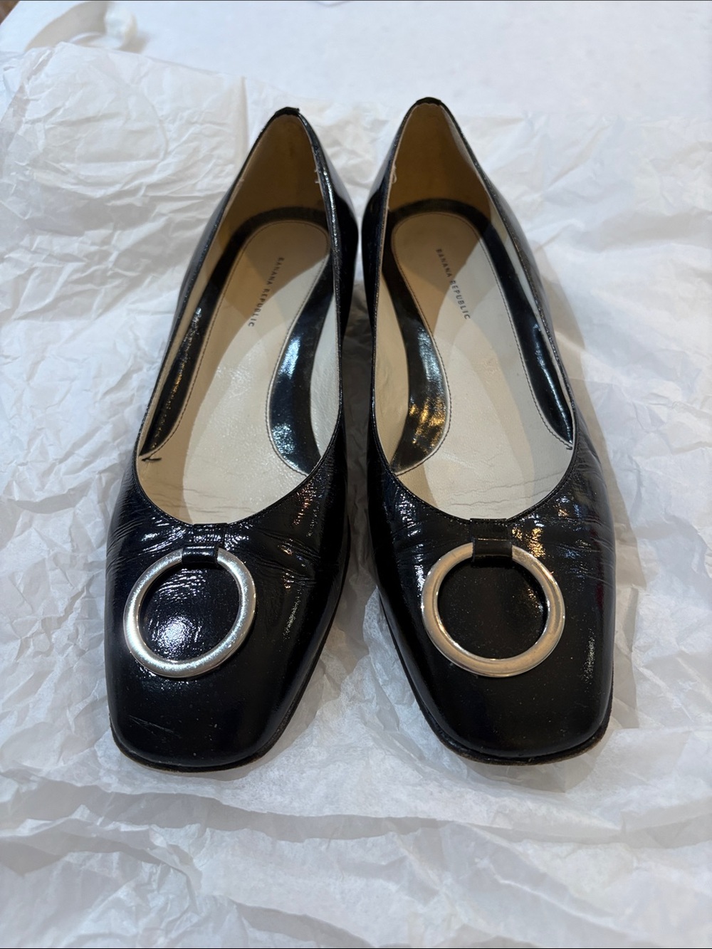 Banana Republic Black Patent Leather Flats with Silver Ring